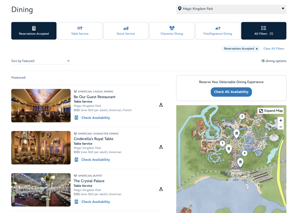Pantalla en el sitio web de Disney World para reservar restaurantes en Disney